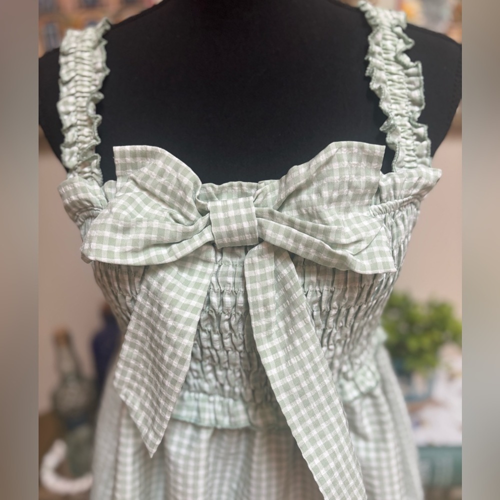 ROMWE GREEN & WHITE GINGHAM BOW RUFFLE HEM BABY DOLL SMOCKED SHORT TOP SIZE L - Picture 3 of 7